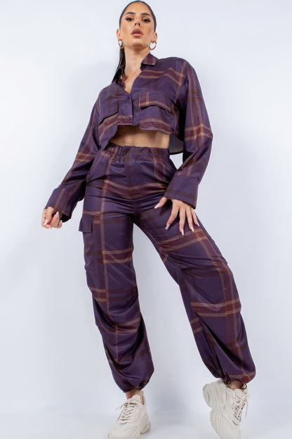 Cropped Shirt and Cargo Pants Set in Plum