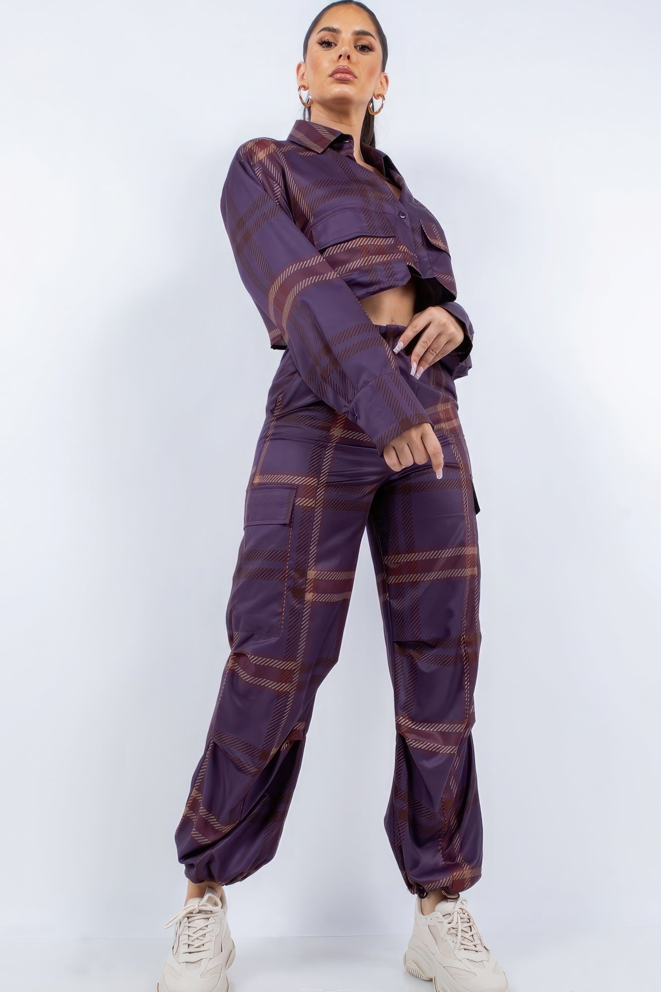 Cropped Shirt and Cargo Pants Set in Plum