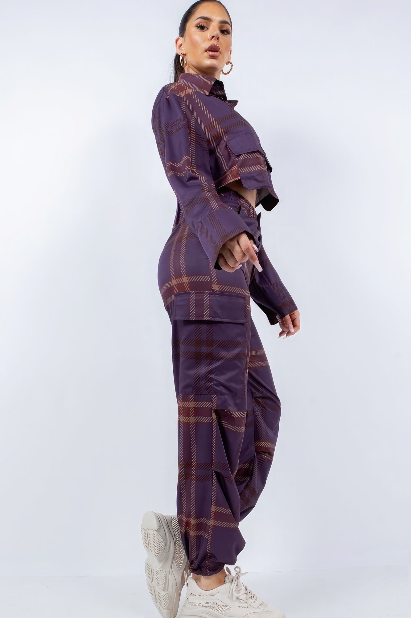 Cropped Shirt and Cargo Pants Set in Plum