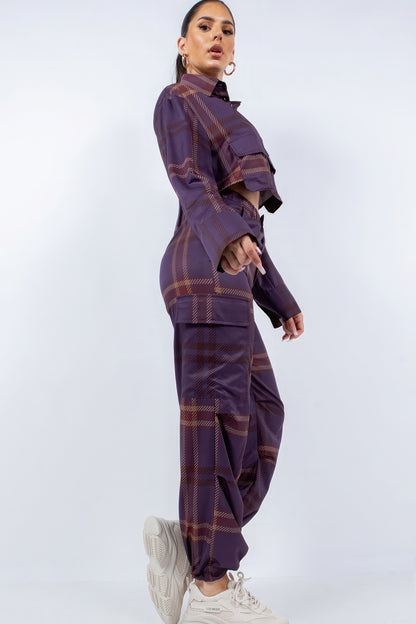 Cropped Shirt and Cargo Pants Set in Plum