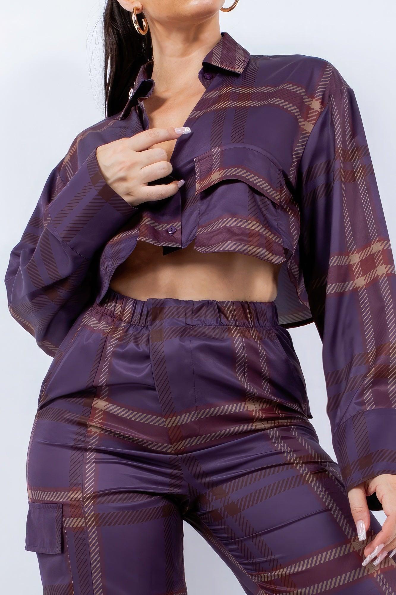 Cropped Shirt and Cargo Pants Set in Plum