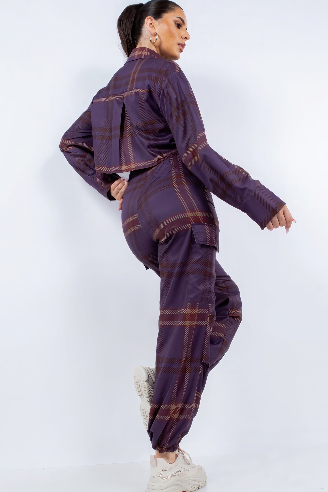 Cropped Shirt and Cargo Pants Set in Plum