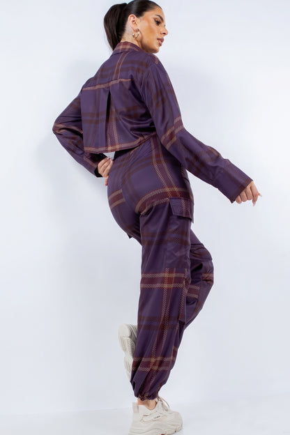 Cropped Shirt and Cargo Pants Set in Plum