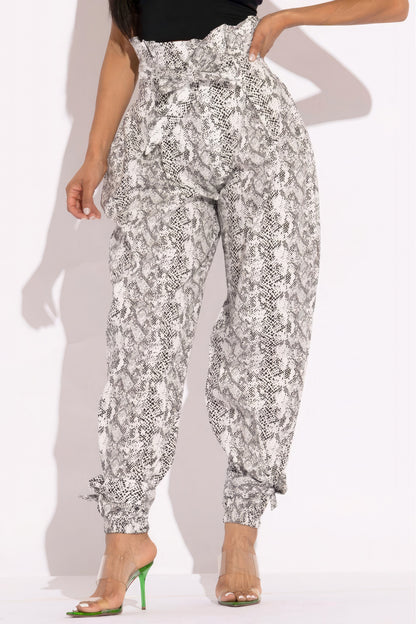 Grey Snake Skin Print Paper Bag Cargo Pants - High Waisted & Edgy L
