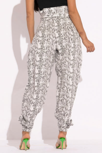 Grey Snake Skin Print Paper Bag Cargo Pants - High Waisted & Edgy