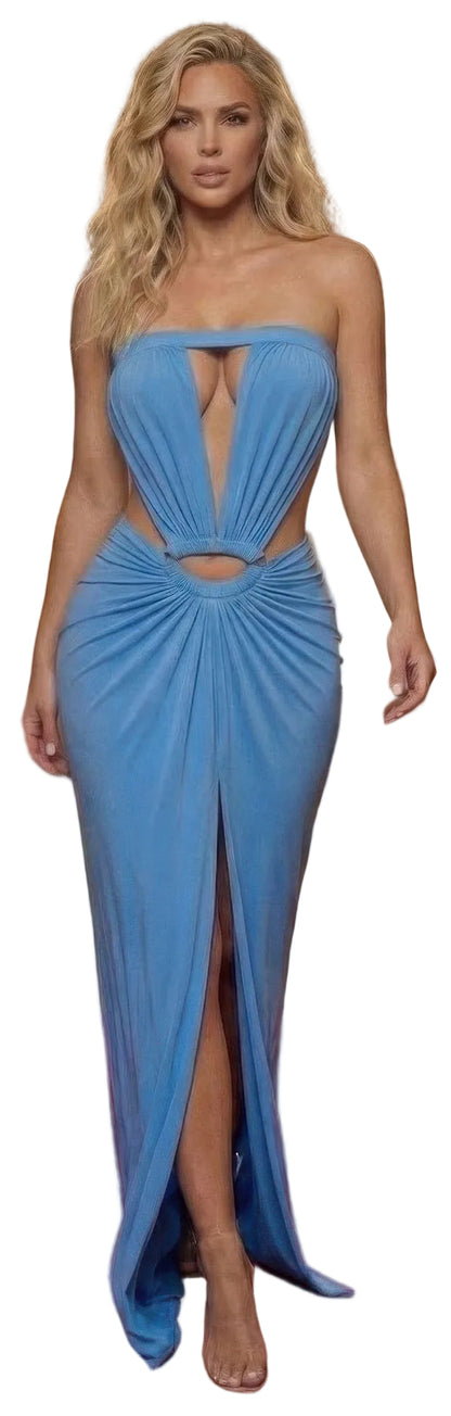 Women's Plunging Neckline Cutout Maxi Dress | Metal Ring Detail – Blue S