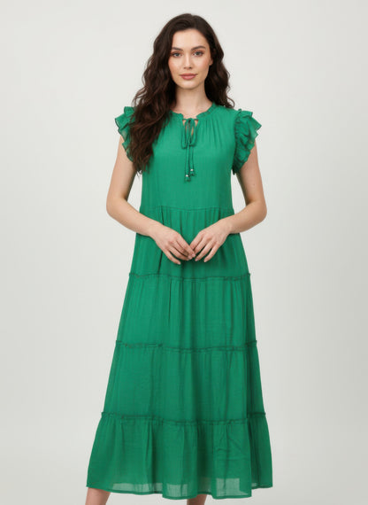 The Mlle Gabrielle – Ruffled Cap Sleeve Tassel Dress with Ruffle Hem Green