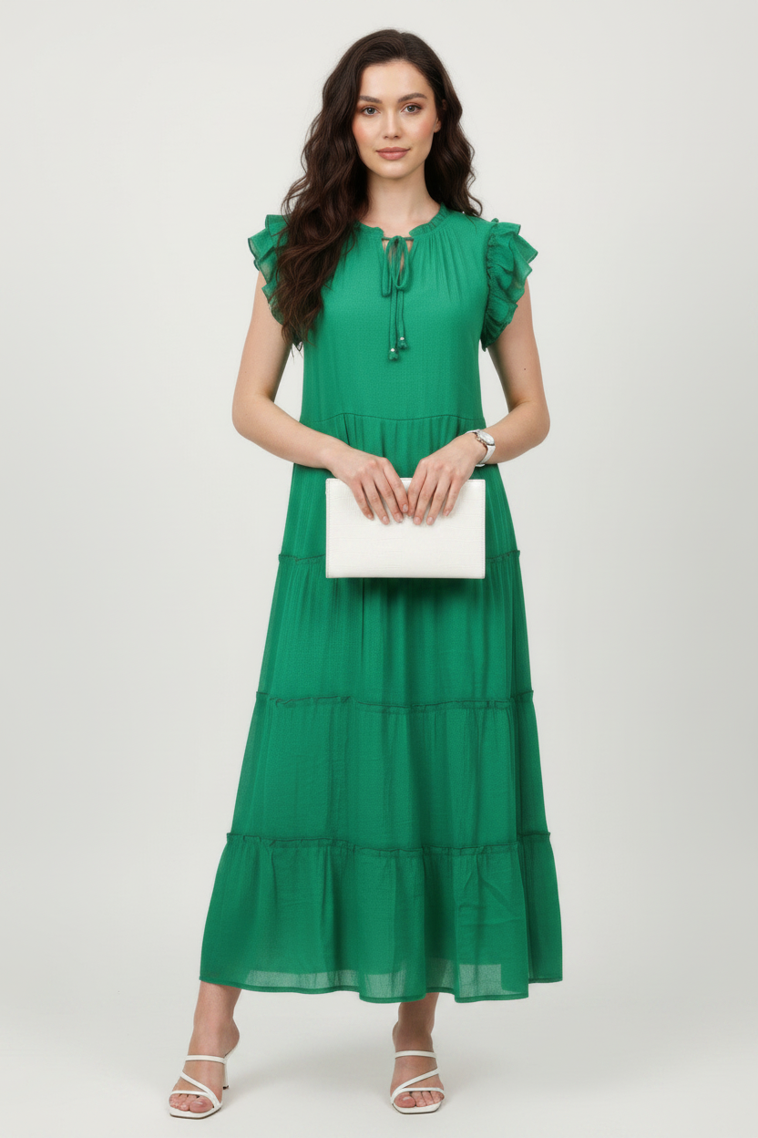 The Mlle Gabrielle – Ruffled Cap Sleeve Tassel Dress with Ruffle Hem