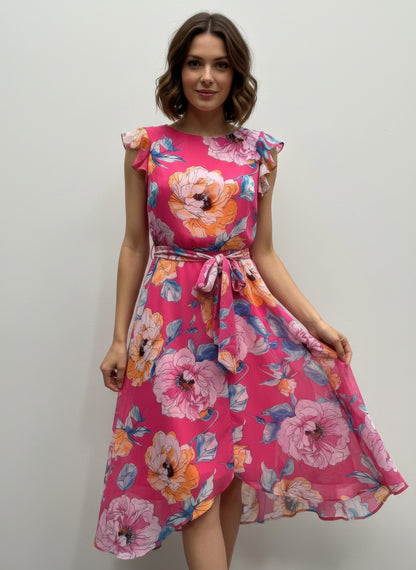 Shelby & Palmer Floral Ruffled Sleeve Midi Dress | Fuchsia