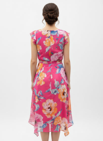 Shelby & Palmer Floral Ruffled Sleeve Midi Dress | Fuchsia