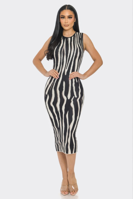 Zebra Print Sleeveless Sweater Midi Dress – Chic Knit Bodycon Sheath L