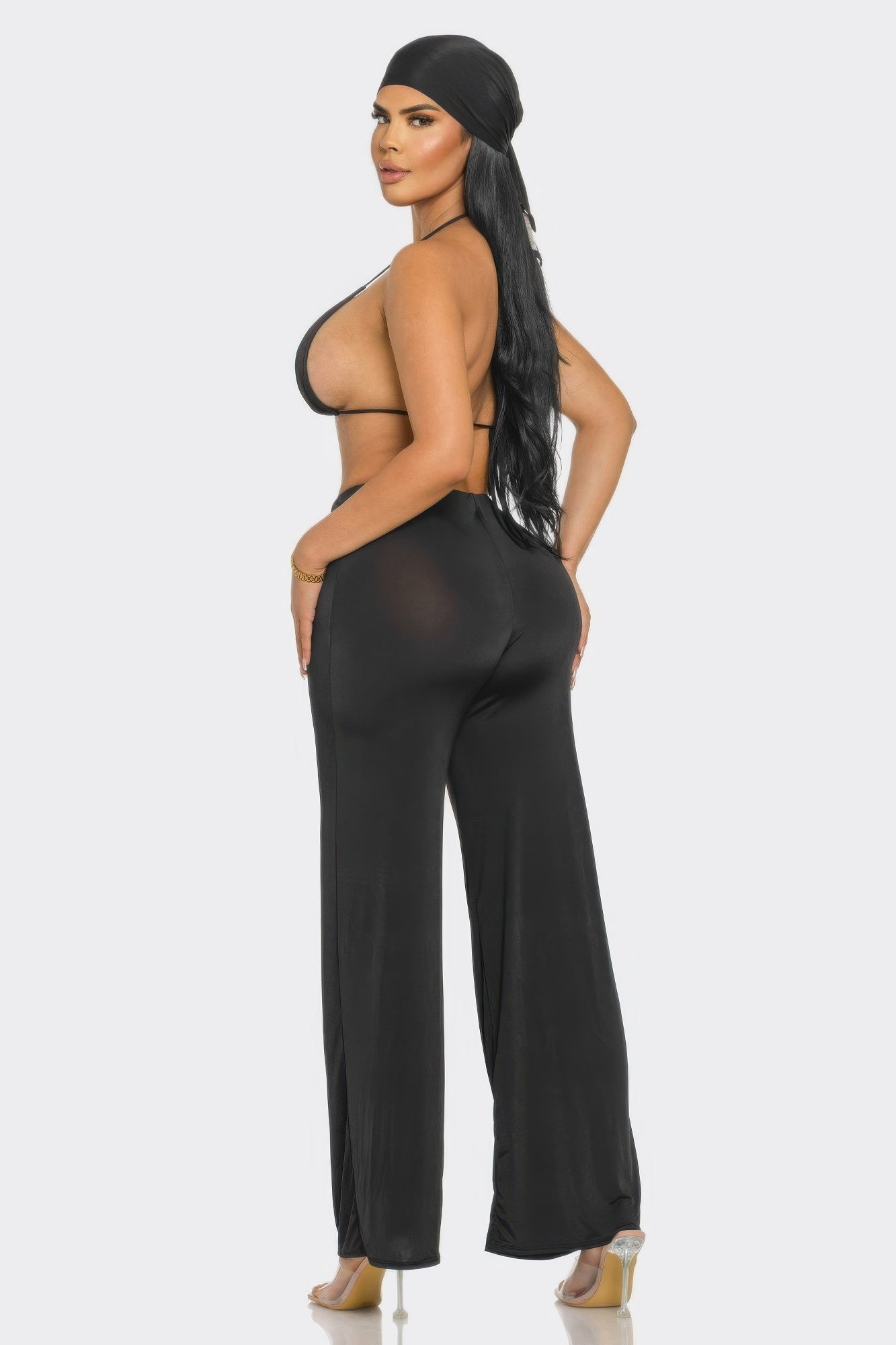 3-Piece High-Waisted Wide-Leg Pant Set with Bra Top & Matching Bandana - Black