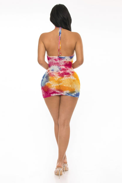Multi-Color Tie-Dye Lace Mini Cover-Up Dress
