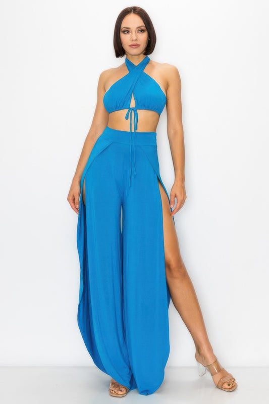 Cerulean Blue Halter Crop Top & High-Slit Wide-Leg Pant Set L