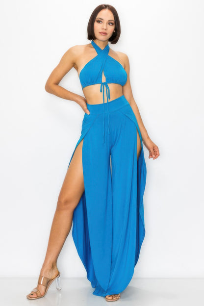 Cerulean Blue Halter Crop Top & High-Slit Wide-Leg Pant Set