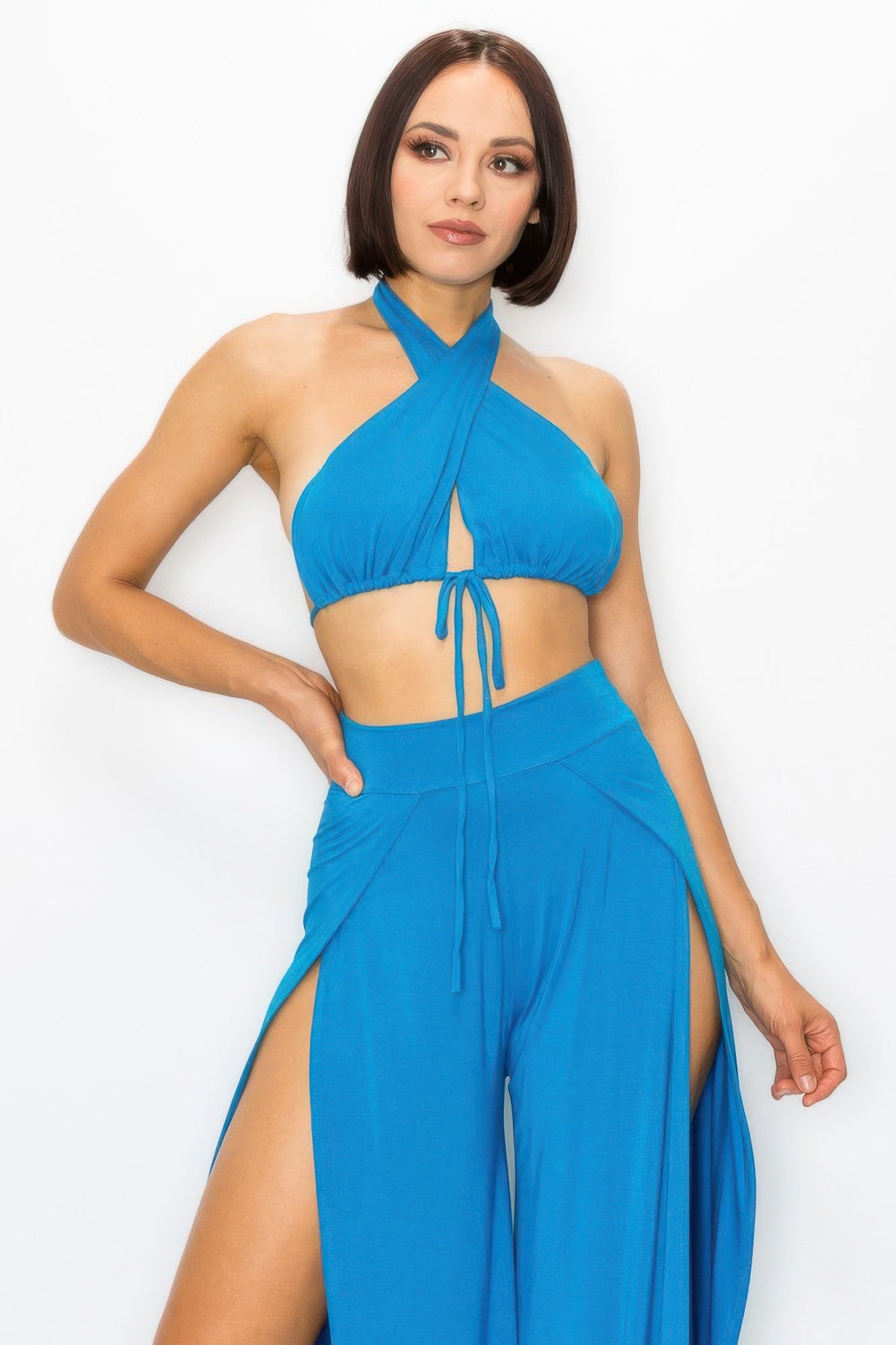 Cerulean Blue Halter Crop Top & High-Slit Wide-Leg Pant Set