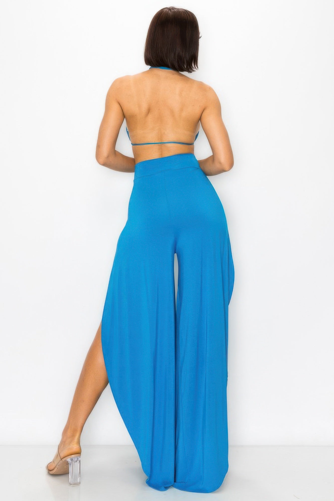 Cerulean Blue Halter Crop Top & High-Slit Wide-Leg Pant Set