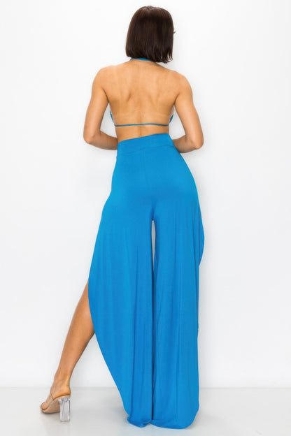 Cerulean Blue Halter Crop Top & High-Slit Wide-Leg Pant Set