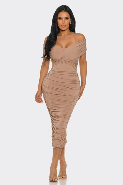 Elysian Off-Shoulder Draped Midi Dress - Sophisticated Bodycon Silhouette L