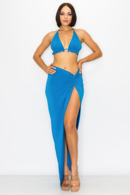 Modal Bra Top & High-Slit Maxi Skirt Set | Coastal Blue L