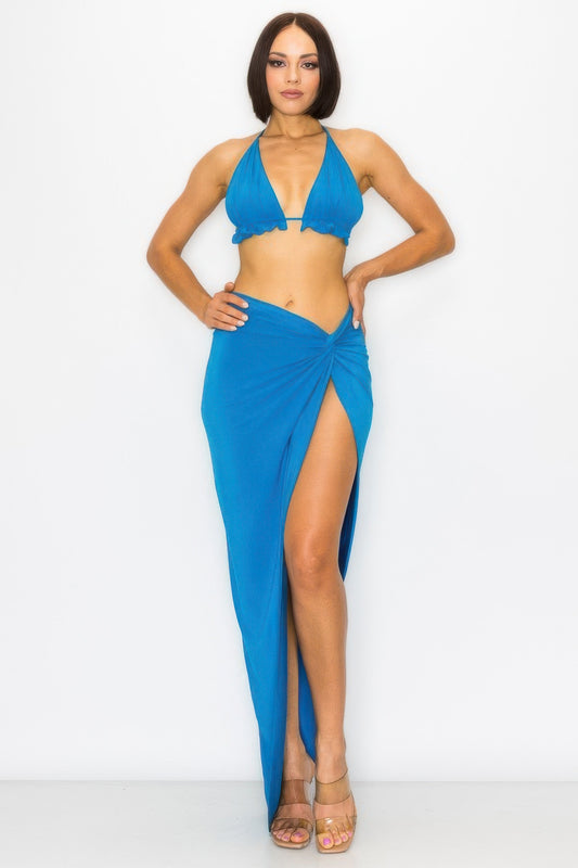 Modal Bra Top & High-Slit Maxi Skirt Set | Coastal Blue L