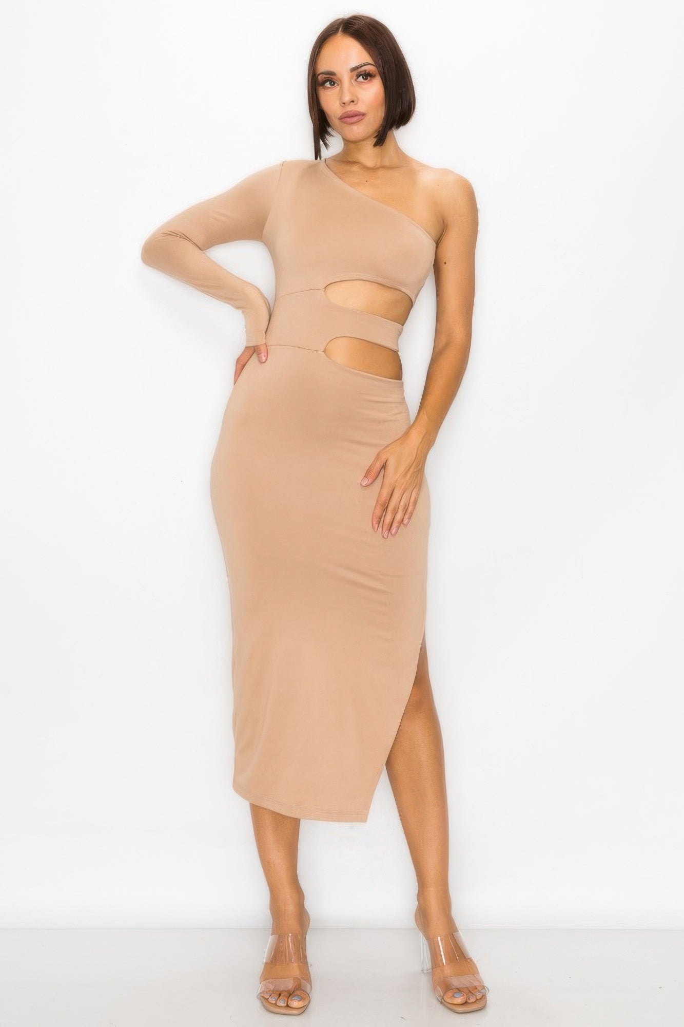 One-Shoulder Waist Cutout Midi Dress | Taupe L