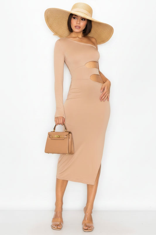 One-Shoulder Waist Cutout Midi Dress | Taupe