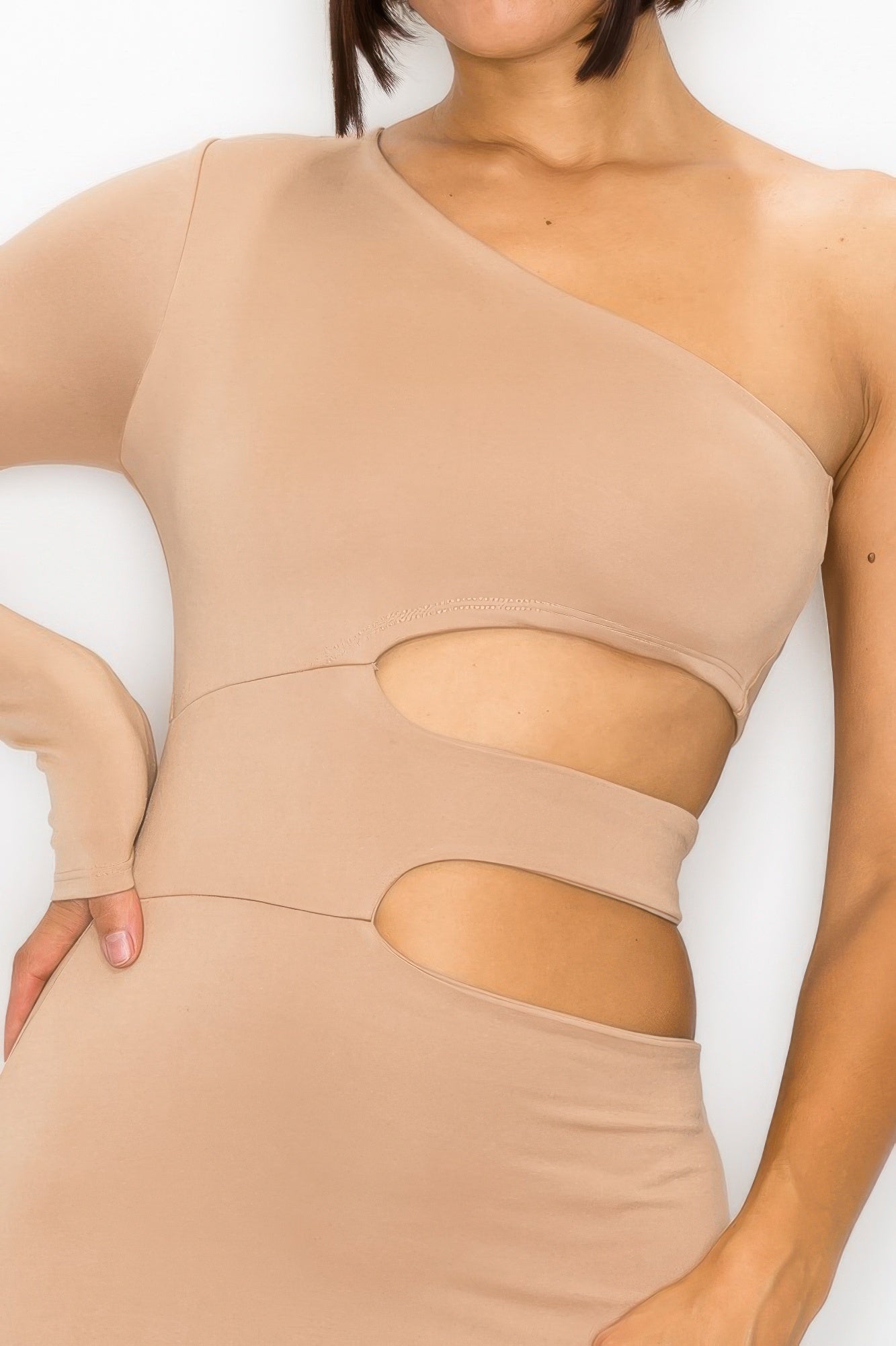 One-Shoulder Waist Cutout Midi Dress | Taupe