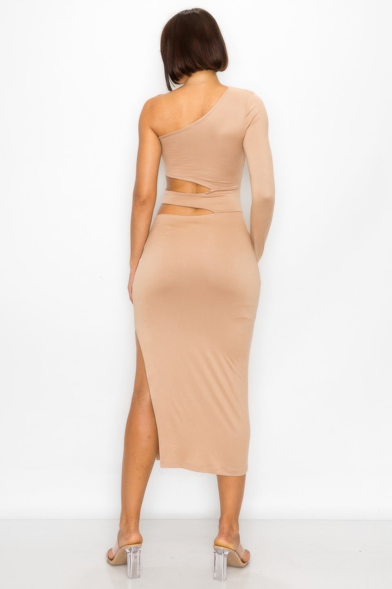 One-Shoulder Waist Cutout Midi Dress | Taupe