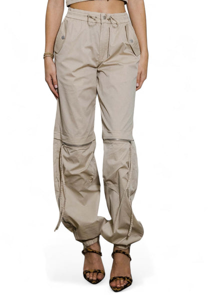 Women's Baggy Cargo Pants – Elastic Waist, Drawstring & Zip Pockets Sand