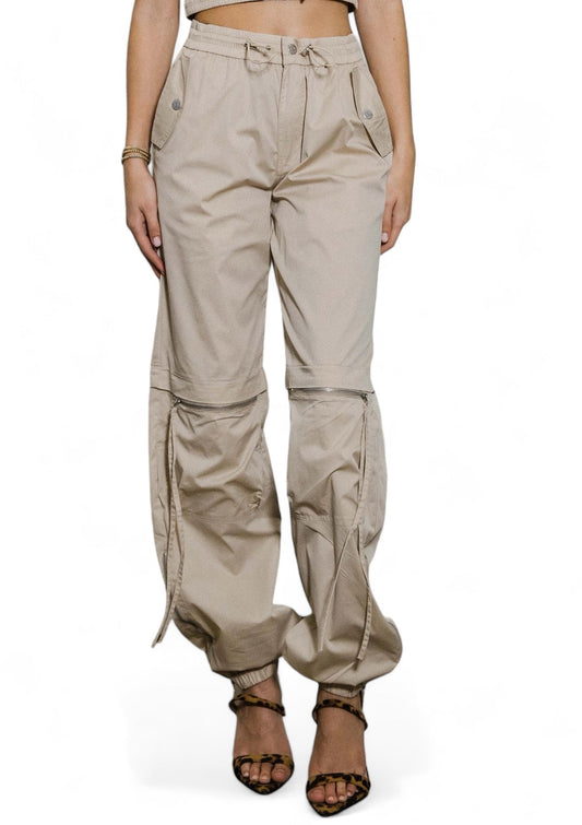 Women's Baggy Cargo Pants – Elastic Waist, Drawstring & Zip Pockets Sand