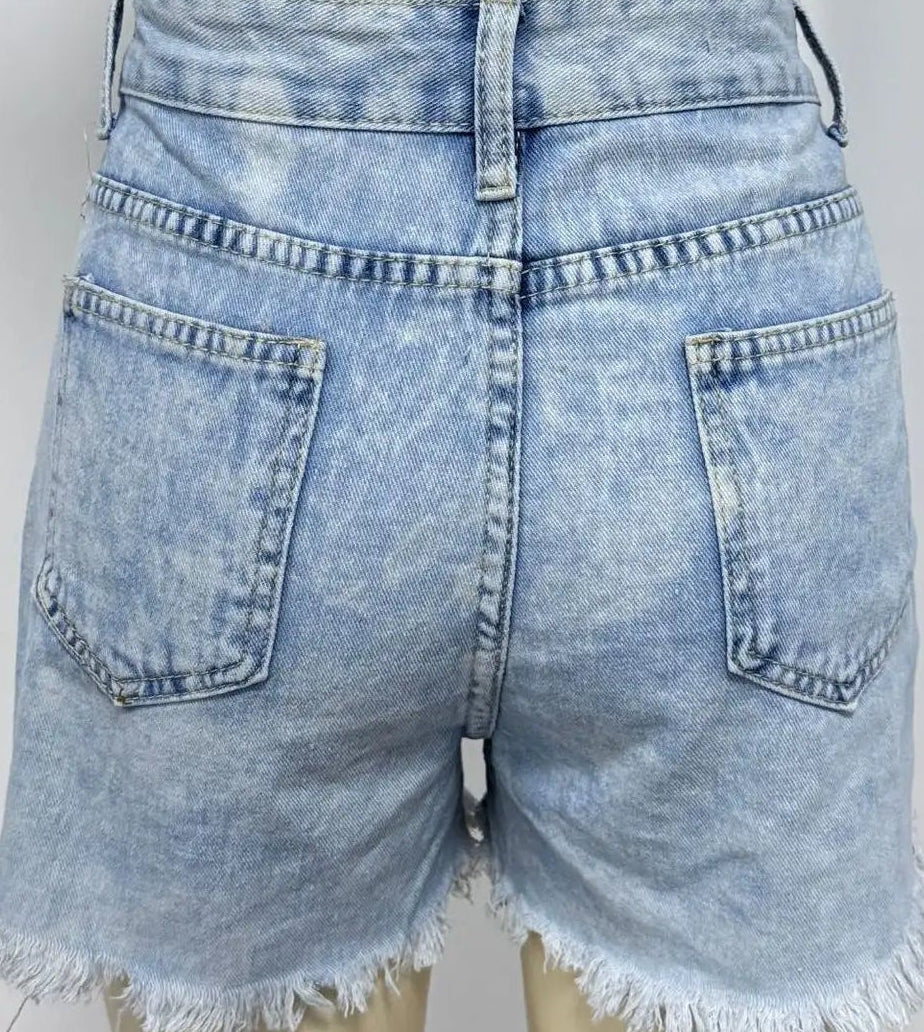 Ripped High-Waist Denim Shorts with Pockets Light Blue M
