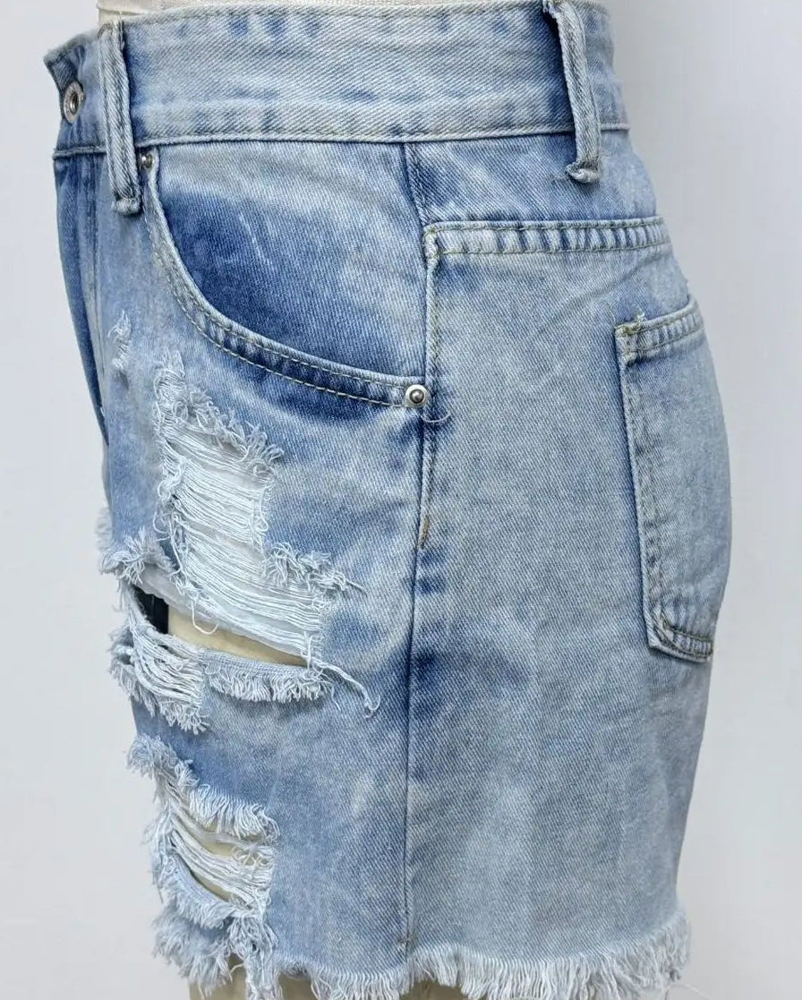 Ripped High-Waist Denim Shorts with Pockets Light Blue L