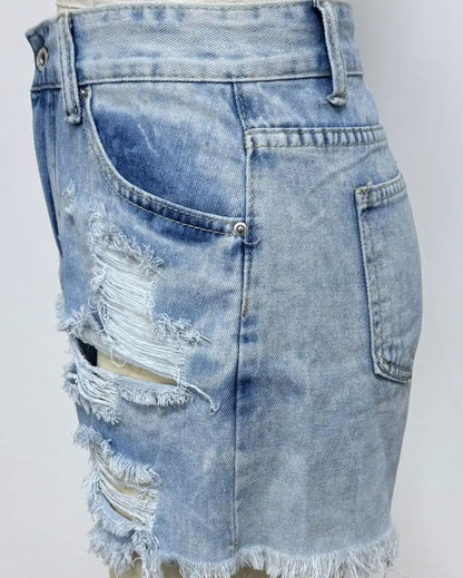 Ripped High-Waist Denim Shorts with Pockets Light Blue L