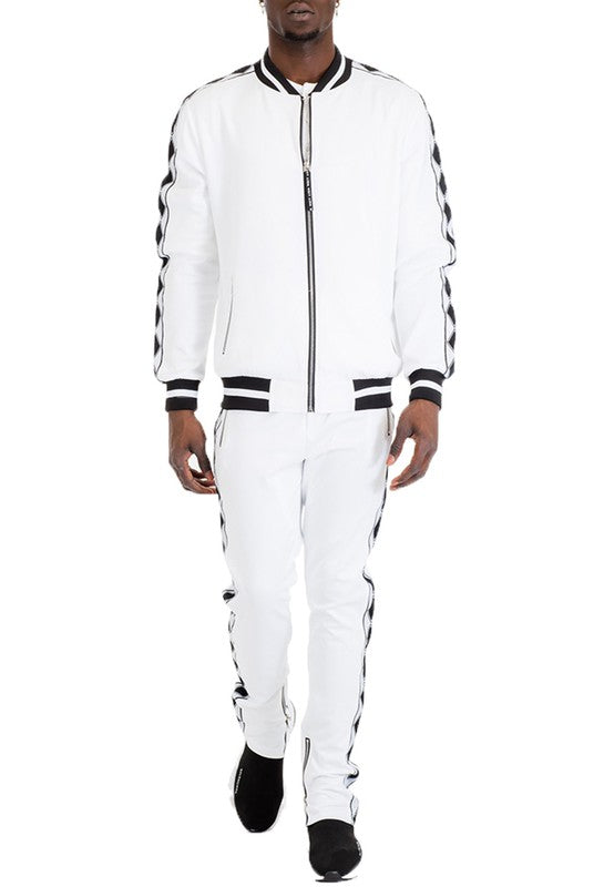 Men's Diamond Tape Tracksuit Set – Premium Full Zip Streetwear Set White