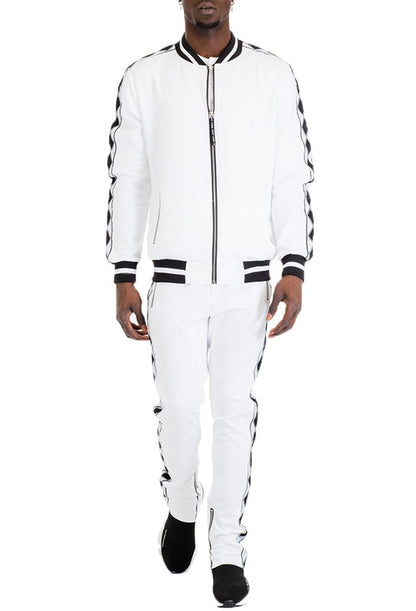 Men's Diamond Tape Tracksuit Set – Premium Full Zip Streetwear Set White