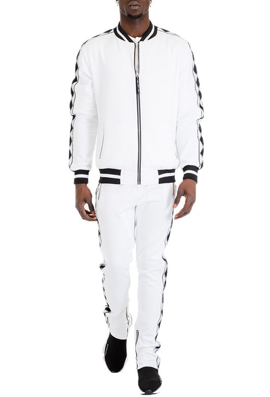 Men's Diamond Tape Tracksuit Set – Premium Full Zip Streetwear Set White