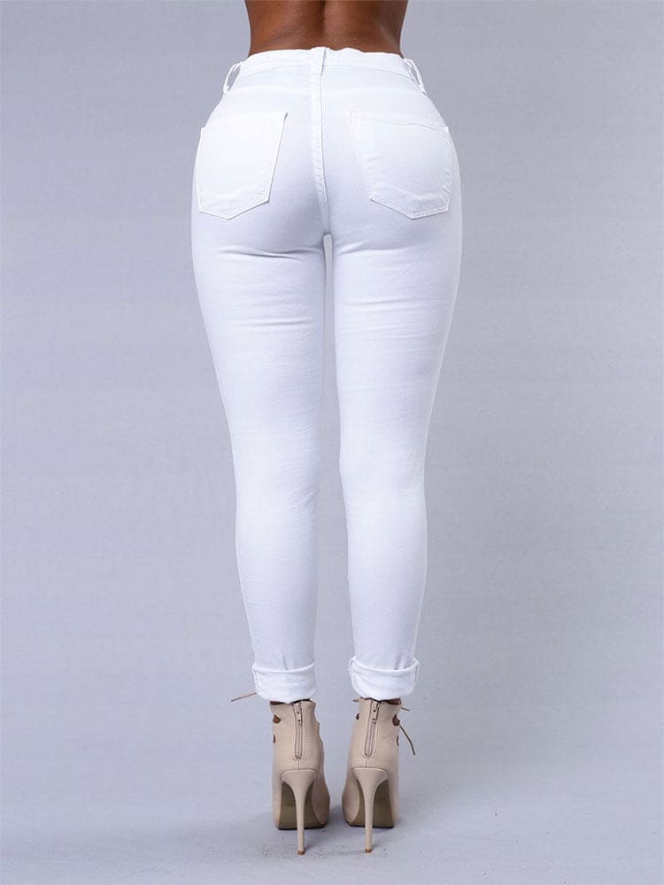 Pantalon en jean déchiré skinny extensible taille haute longueur cheville