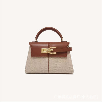 Trapezoidal Leather Shoulder Bag – Structured Luxury Crossbody Handbag Canvas brown - Small size