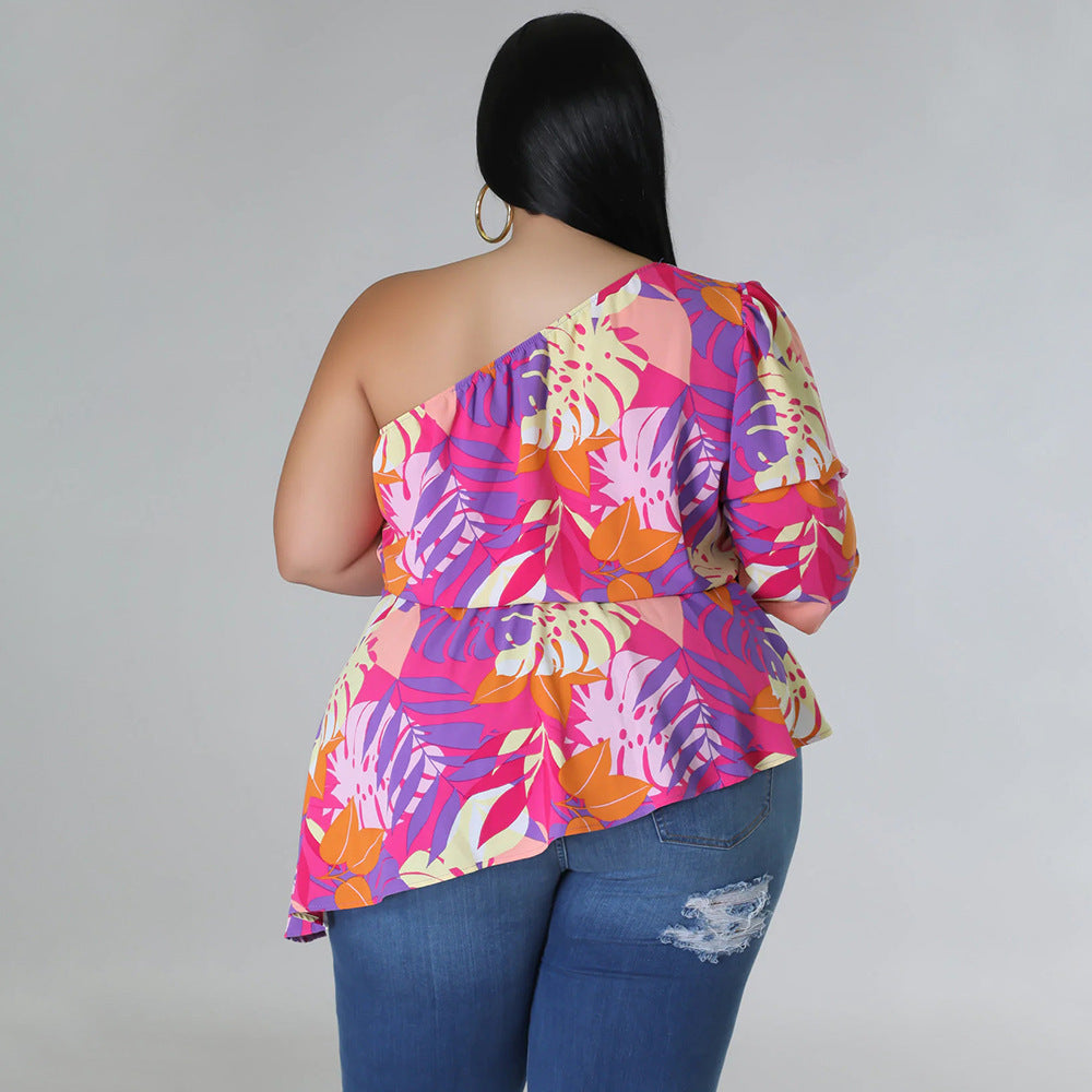 Plus Size Asymmetrical One Shoulder Printed Shoulder Long Sleeve Blouse