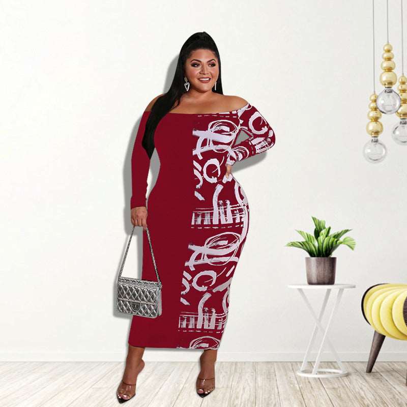 Plus Size Graffiti off-the-Neck Bodycon Midi Dress - 3 Colors