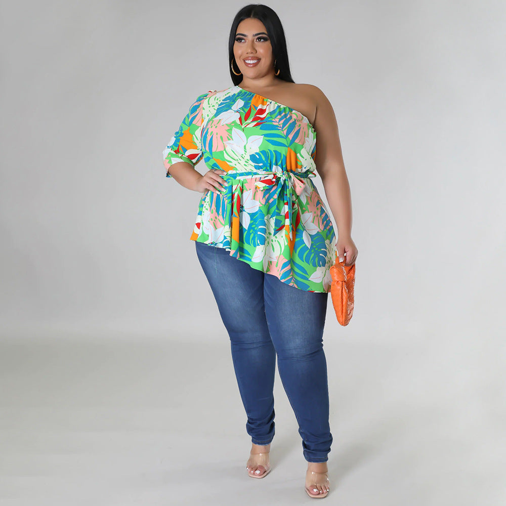 Plus Size Asymmetrical One Shoulder Printed Shoulder Long Sleeve Blouse