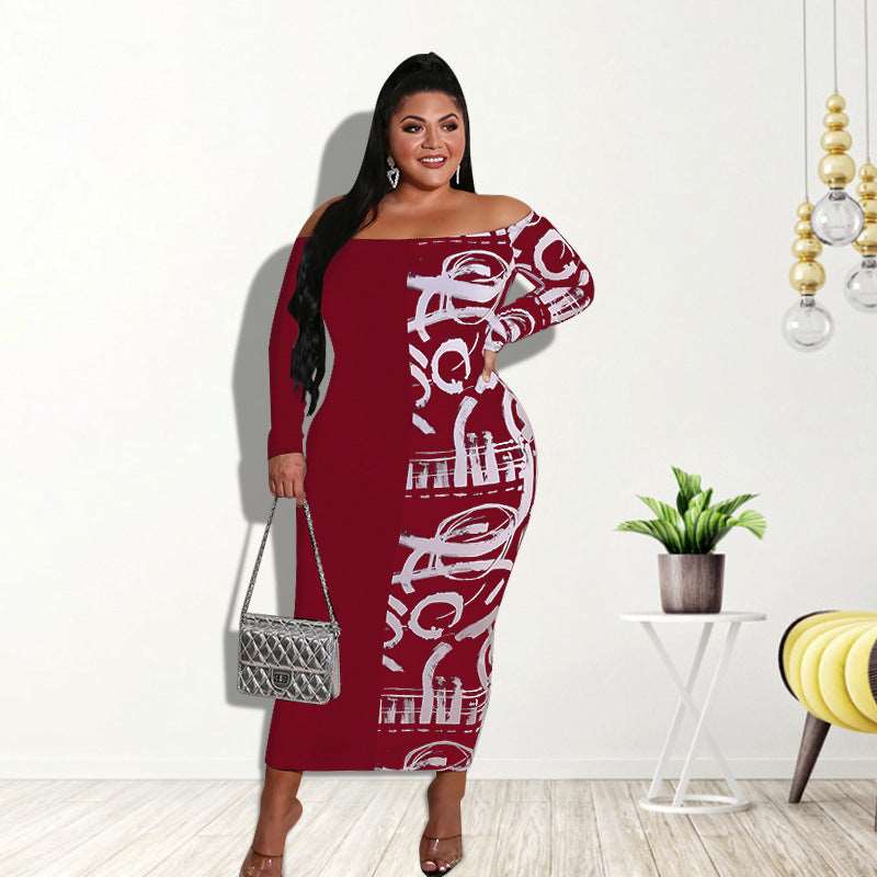 Plus Size Graffiti off-the-Neck Bodycon Midi Dress - 3 Colors