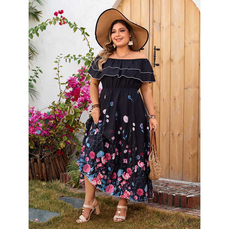 Plus Size  Off-Shoulder Floral Printed Ruffled Maxi Dress