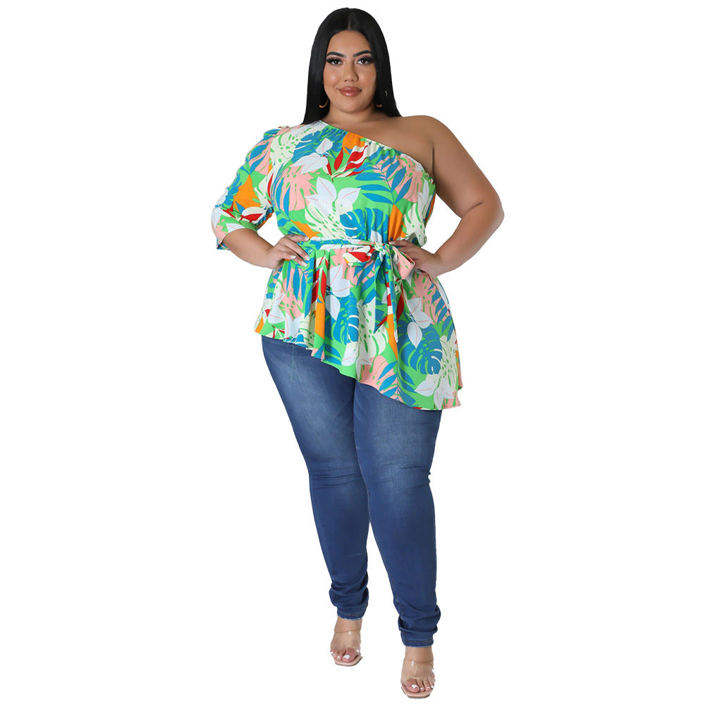 Plus Size Asymmetrical One Shoulder Printed Shoulder Long Sleeve Blouse