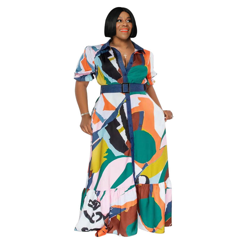 Robe Maxi à Manches Courtes Imprimée Grande Taille pour Femme avec Ceinture - 3 Couleurs