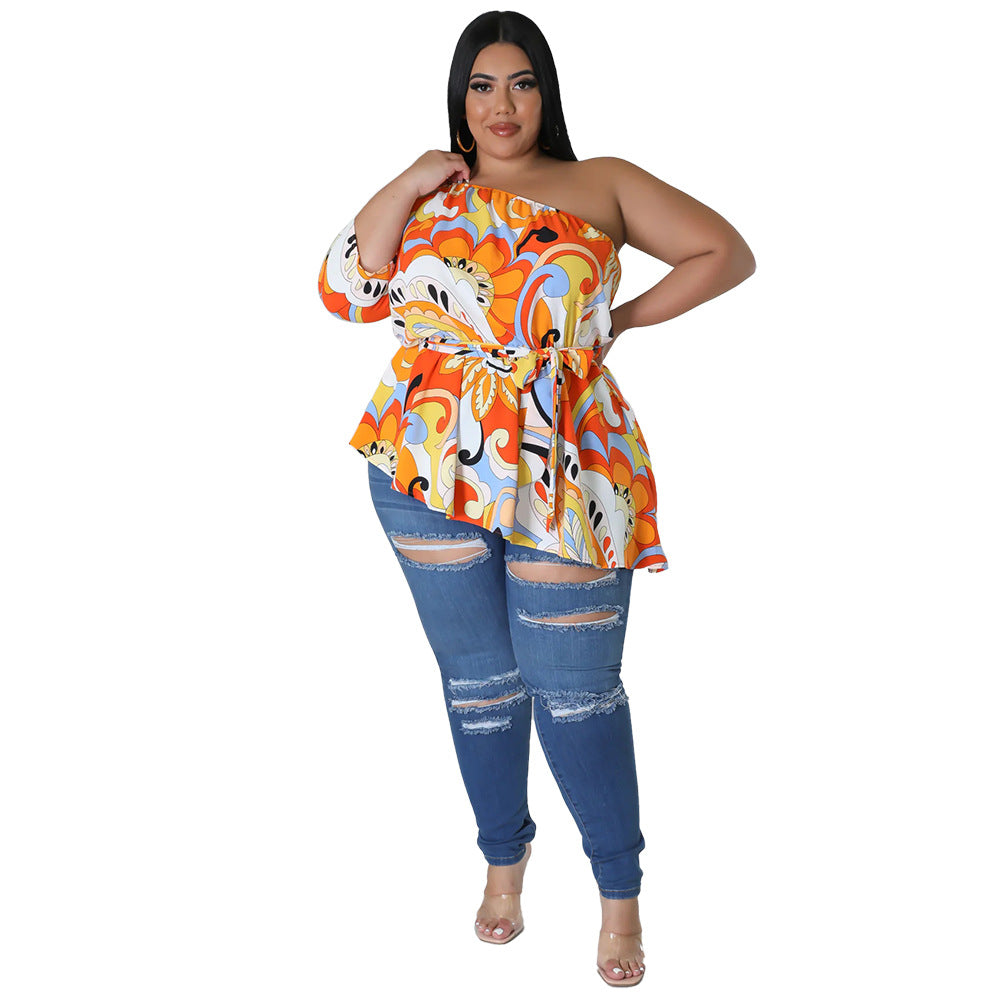 Plus Size Asymmetrical One Shoulder Printed Shoulder Long Sleeve Blouse