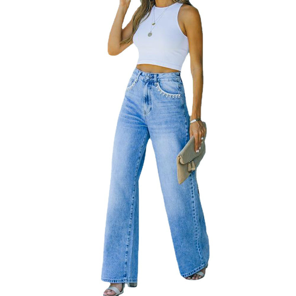 Women's Petal Pocket Casual Wish Loose Washed-out Denim Pants