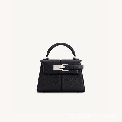 Trapezoidal Leather Shoulder Bag – Structured Luxury Crossbody Handbag Black - Small size