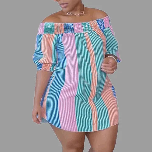 Plus Size Women's Printed Striped off-Shoulder Mini Shirt Dress - 4 Colors